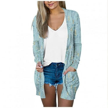 Ashirexll Womens Cardigan Sweaters Fall Winter Fashion Casual Thin Printed Long Sleeve Soft Knit Cardigan Sweater with Pocket Green L
