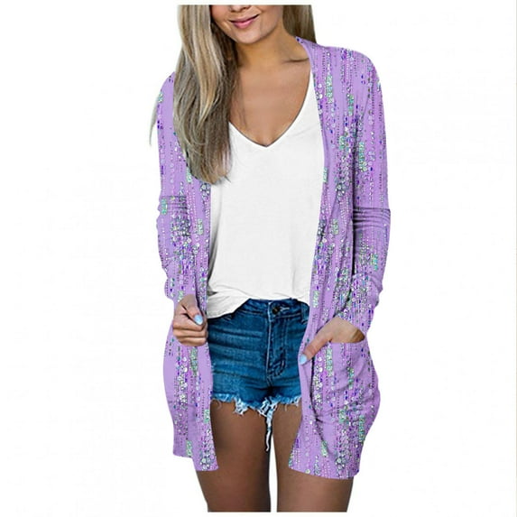 Ashirexll Womens Cardigan Sweaters Fall Winter Fashion Casual Thin Printed Long Sleeve Soft Knit Cardigan Sweater with Pocket Purple M
