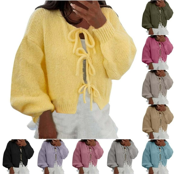 Ashirexll Womens Cardigan Sweaters, Sweaters for Women Trendy, Women's Solid Color Round Neck Tie Front Cardigan Fall Winter Fashion Knit Sweater Top