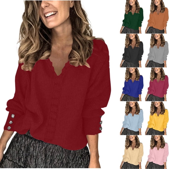 Ashirexll Womens Cardigan Sweaters, Sweaters for Women Trendy, Womens Lace Long Sleeve Solid Color Button Up Top V-Neck Sweater