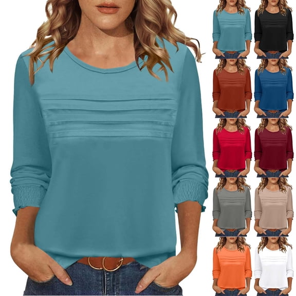Ashirexll Womens Casual Tops, Casual Pleated Solid Color Round Neck Long Sleeve Base Layer T Shirts