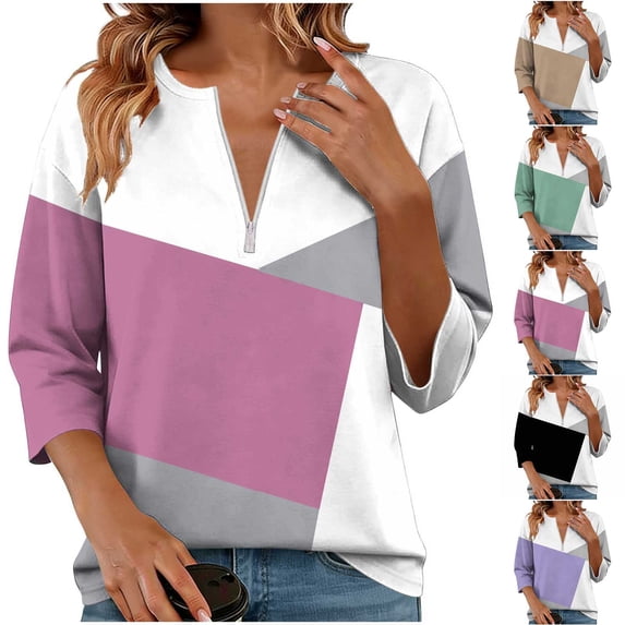 Ashirexll Womens Casual Tops, Fashion Casual Loose Zipper Printed 3/4 Sleeve T Shirts for Spring Summer
