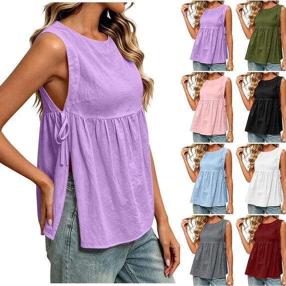 Ashirexll Womens Casual Tops Fashion Casual Summer Solid Color Round Neck Sleeveless Pullover Side Split Tank Top