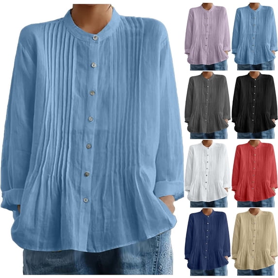 Ashirexll Womens Casual Tops, Fashion Spring Summer Long Sleeve Round Neck Linen Button Pleated Solid Color Shirts