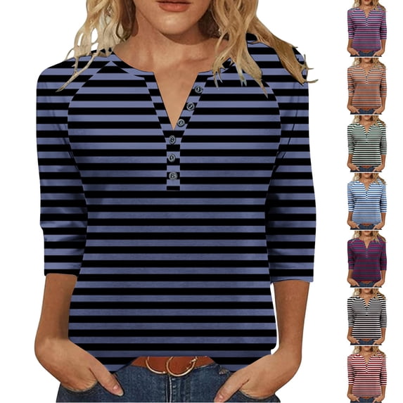 Ashirexll Womens Casual Tops, Ladies Tops and Blouses, Button V Neck Raglan 3/4 Sleeve T Shirt Loose Top for Trendy Women