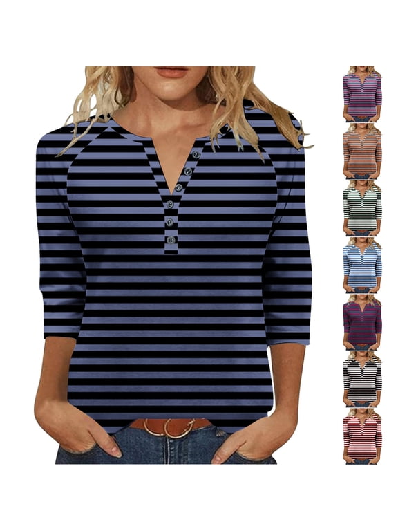 Womens Casual Tops, Ladies Tops and Blouses, Button V Neck Raglan 3/4 Sleeve T Shirt Loose Top for Trendy Women