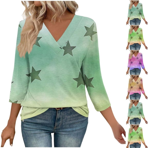 Ashirexll Womens Casual Tops, Ladies Tops and Blouses, Gradient Print Loose 3/4 Sleeve V Neck Blouse for Womens Casual Tops