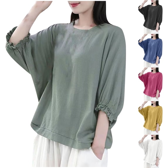 Ashirexll Womens Casual Tops, Ladies Tops and Blouses, Oversize Solid Color Round Neck Imitation Linen 3/4 Sleeve Top for Trendy Women