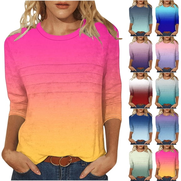 Ashirexll Womens Casual Tops, Short Sleeve Shirts for Women, Fashion Casual Gradient Color 3/4 Sleeve Round Neck Blouse