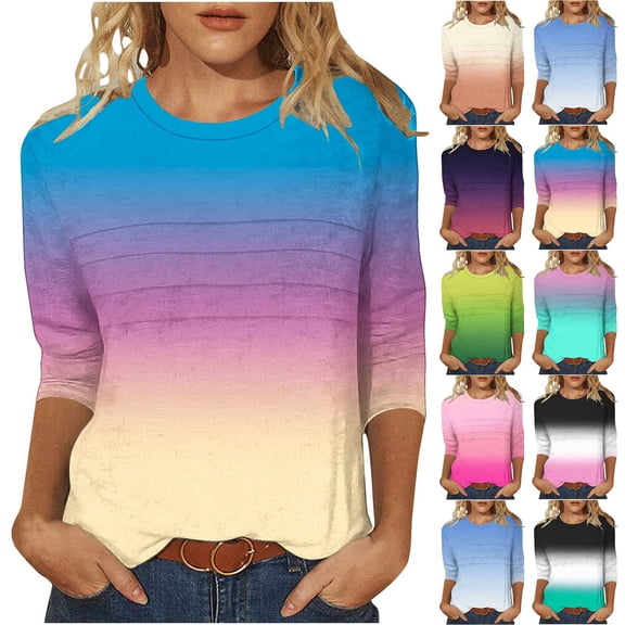 Ashirexll Womens Casual Tops, Short Sleeve Shirts for Women, Fashion Casual Gradient Color 3/4 Sleeve Round Neck Blouse