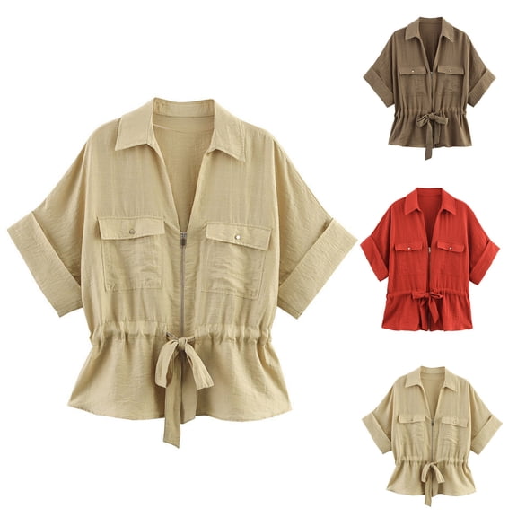 Ashirexll Womens Casual Tops, Short Sleeve Shirts for Women, Solid Color Zipper Bottom Drawstring Lapel Short Sleeve Top