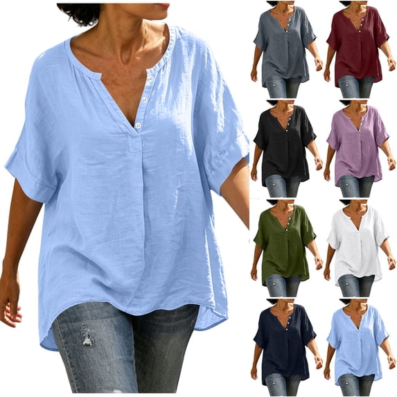 Ashirexll Womens Casual Tops Solid Color Half Sleeve Button Front Linen ...