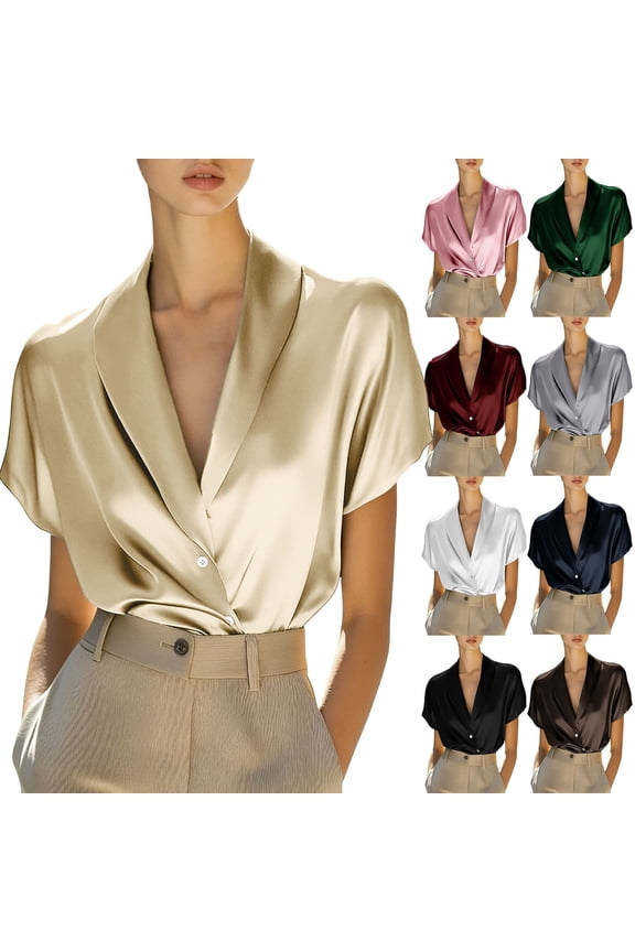 Womens Casual Tops, Solid Fashion Elegant Suit Collar Satin Short Sleeve Notch Lapel Button Up Blazer