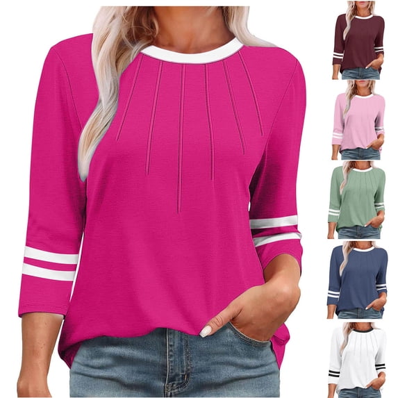 Ashirexll Womens Casual Tops, Summer Shirts for Women, Fashion Solid Color Casual Round Neck 3/4 Sleeve Comfortable Blouse