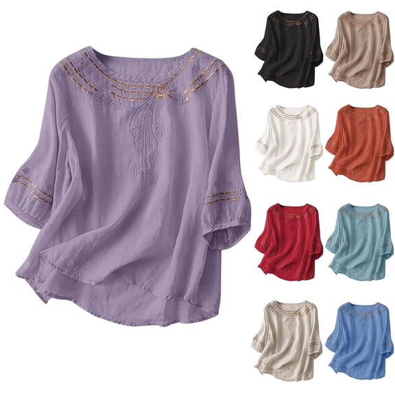 Ashirexll Womens Casual Tops, Summer Shirts for Women, Loose Casual Summer Solid Color Round Neck Short Sleeve Casual Linen Top