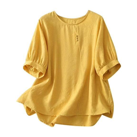 Ashirexll Womens Casual Tops, Summer Shirts for Women, Solid Color Imitation Linen Embroidered Button Short Sleeve Round Neck Top