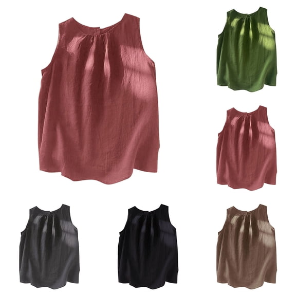Ashirexll Womens Casual Tops, Tank Tops for Women, Summer Linen Camisole Sleeveless Solid Color Casual T-Shirt Tank