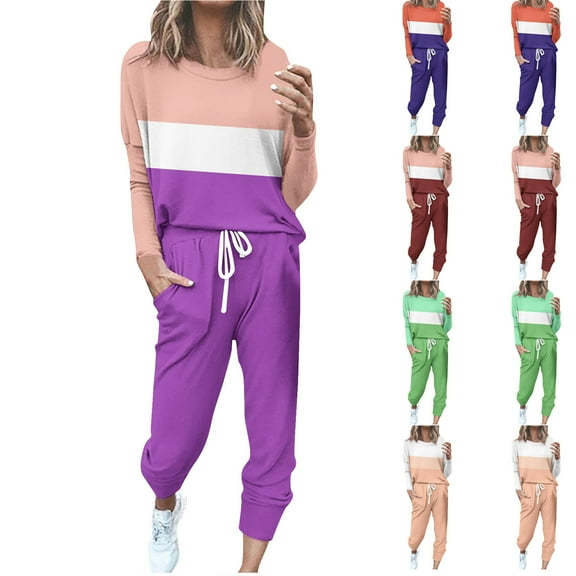 Ashirexll Womens Clothing Sets Outfits for Womens Solid Color Casual Crew Neck Long Sleeve Top with Trousers and Tight Waist Hoodie Suit