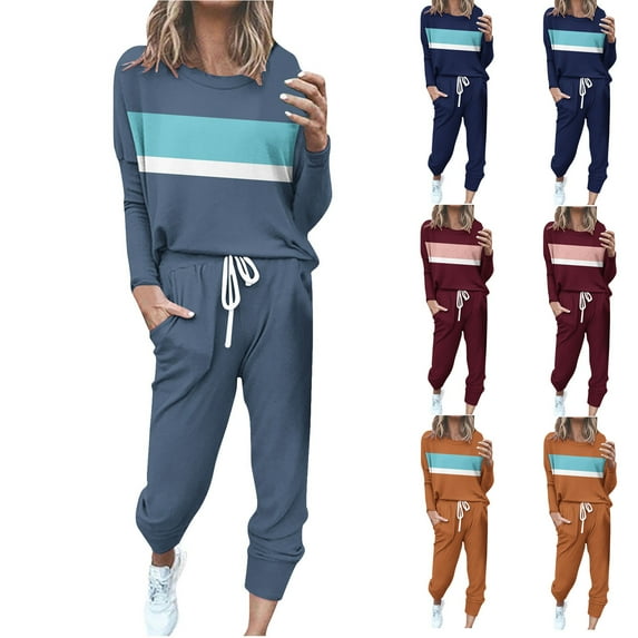 Ashirexll Womens Clothing Sets Outfits for Womens Solid Color Casual Crew Neck Long Sleeve Top with Trousers and Tight Waist Hoodie Suit