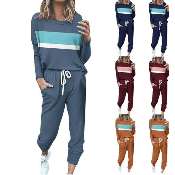 Ashirexll Womens Clothing Sets Outfits for Womens Solid Color Casual Crew Neck Long Sleeve Top with Trousers and Tight Waist Hoodie Suit