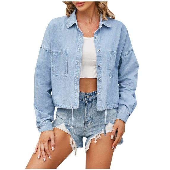 Ashirexll Womens Denim Jacket Fashion Color Lapel Look Slimmer Sleeve Cropped Jean Jacket Light Blue S