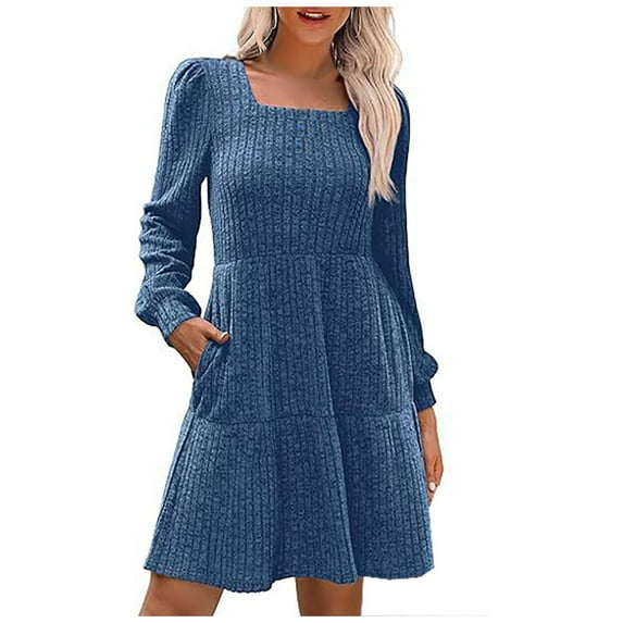 Ashirexll Womens Dresses Fall Slim Waist Casual Solid Color Lantern Sleeve Knitted Square Neck with Pocket Knit Pit Stripe Dress Blue XXL