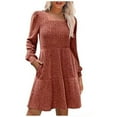 thumbnail image 1 of Ashirexll Womens Dresses Fall Slim Waist Casual Solid Color Lantern Sleeve Knitted Square Neck with Pocket Knit Pit Stripe Dress Brown M, 1 of 1