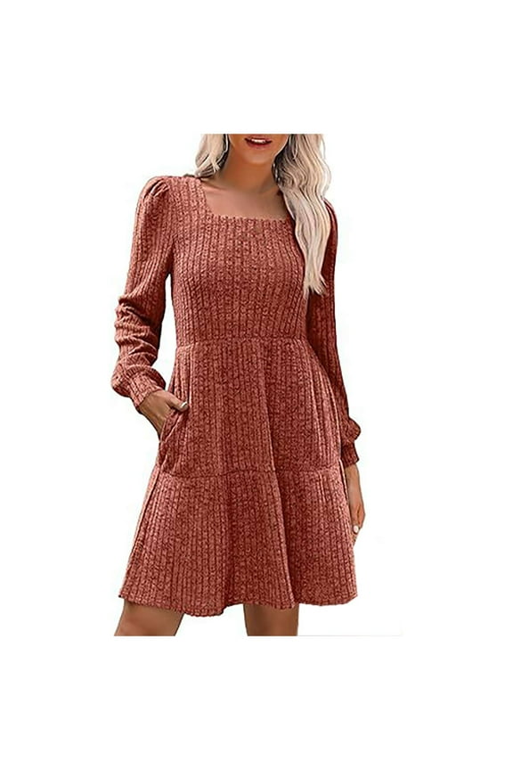 Womens Dresses Fall Slim Waist Casual Solid Color Lantern Sleeve Knitted Square Neck with Pocket Knit Pit Stripe Dress Brown XXL