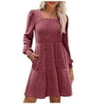 thumbnail image 1 of Ashirexll Womens Dresses Fall Slim Waist Casual Solid Color Lantern Sleeve Knitted Square Neck with Pocket Knit Pit Stripe Dress Hot Pink M, 1 of 1