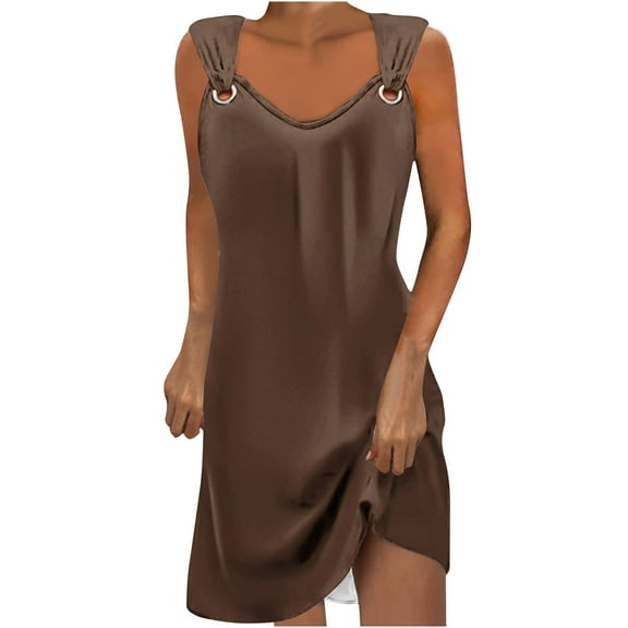 Ashirexll Womens Dresses, Womens Summer Dresses Casual, Printed Round Neck Casual Sleeveless Suspender Dress Brown XXL