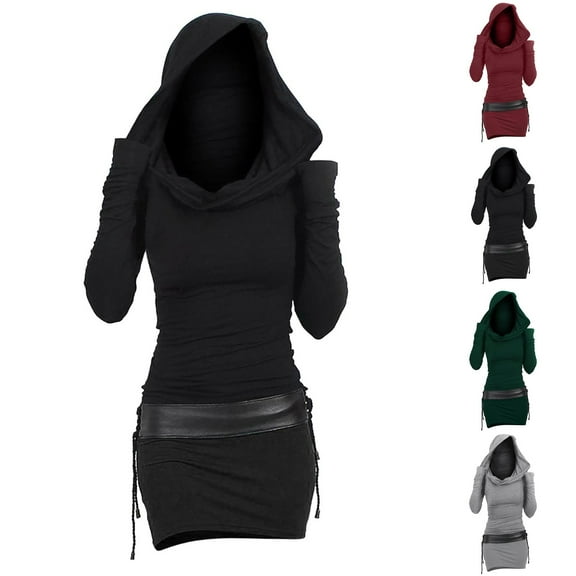 Ashirexll Womens Fall Dresses, Long Sleeve Dress for Women, Womens Long Sleeve Dresses Hooded Sweatshirt Dress with Eyelets Vintage Gothic Style Party Dress