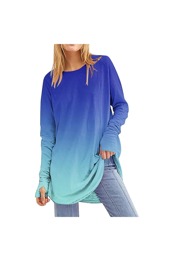 Womens Fall Fashion 2024 Gradient Color Casual Long Sleeve Tops Crew Neck Round Hem Loose T-Shirts Tunic Tops with Thumb Holes Blue 3XL