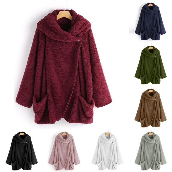 Ashirexll Womens Fleece Coats, Winter Coats for Women, Fashion Leisure Solid Color Loose Lapel Long Sleeve Button Pocket Cardigan