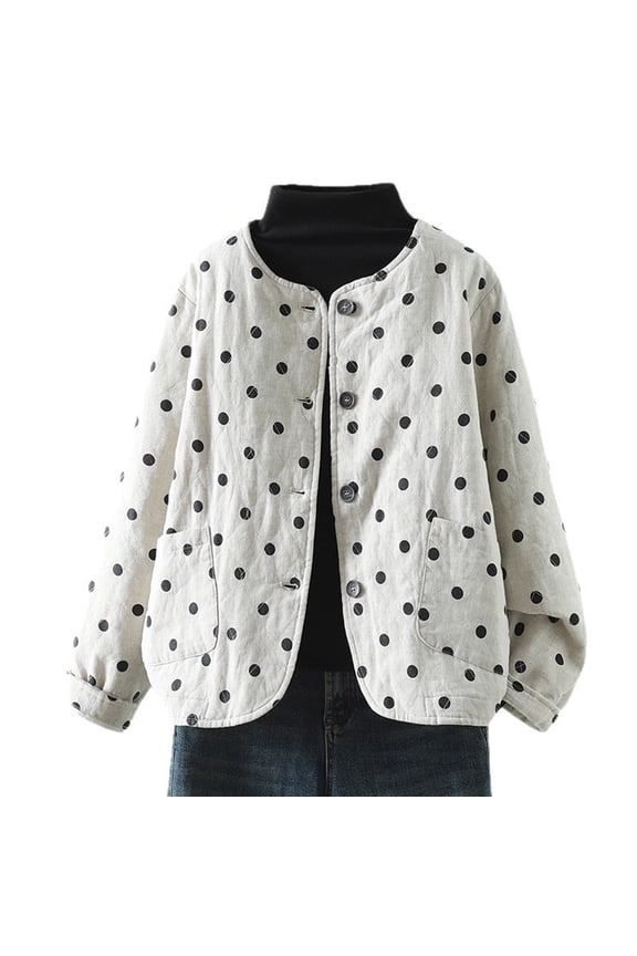 Womens Fleece Coats, Womens Long Sleeve Tops, Fashion Loose Casual Polka Dots Printed Thin Linen Jacket for Versatile Wear