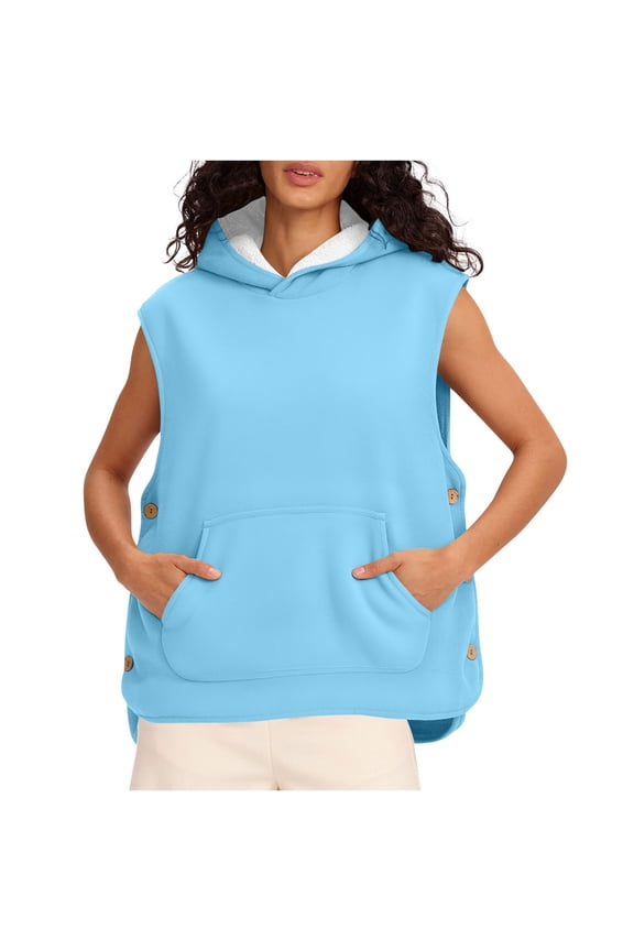 Womens Hooded Pullover Zip Up Hoodie Women Solid Color Hooded Fleece Jacket with Side Buttons Loose Casual Winter Tops