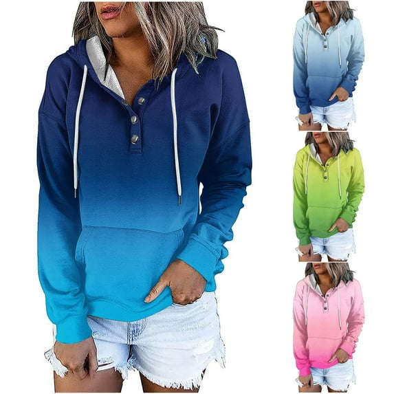 Ashirexll Womens Hoodies, Oversized Hoodies for Women, Ladies' Casual Gradient Color Hoodies Button Pocket Long Sleeve Hooded Sweatshirts