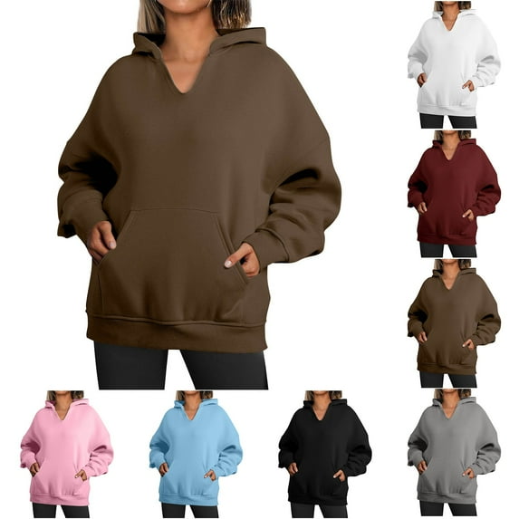 Ashirexll Womens Hoodies, Oversized Hoodies for Women, Ladies' Solid Color V-Neck Pocket Hooded Sweatshirts Long Sleeve Pullover