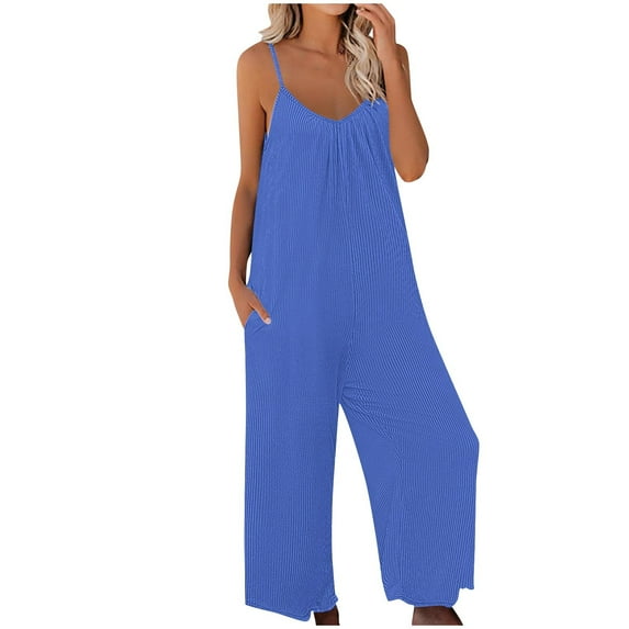 Ashirexll Womens Jumpsuit, Casual Jumpsuits for Women, Strap Jumpsuit Summer New Style Solid Color Pocket Casual Jumpsuit Female Blue S