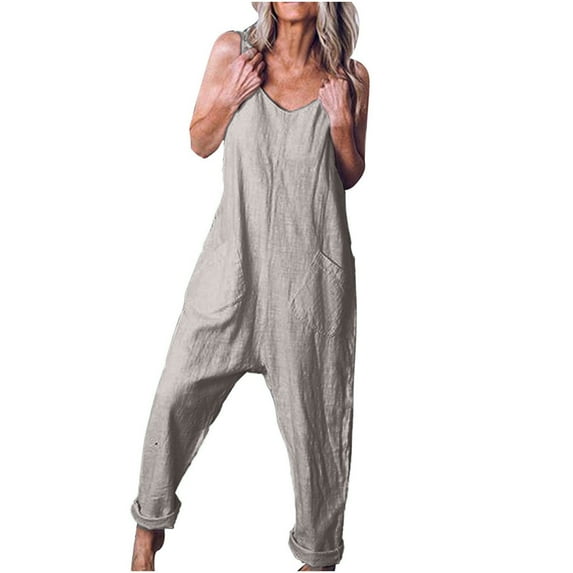 Ashirexll Womens Jumpsuit, Cotton Jumpsuits for Women, Casual Loose Baggy Pocket Jumpsuit Fashion Playsuit Trousers Overalls Cotton and Linen Jumpsuit Gray XL