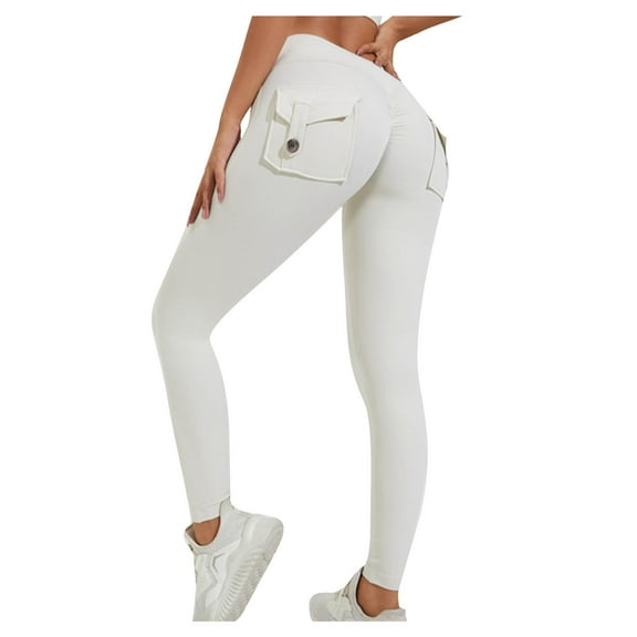 Ashirexll Womens Leggings, Yoga Pants with Pockets for Women, Solid Color Pocket Hip Lift Fitness High Waist Elastic Exercise Long Pants White M