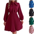 thumbnail image 1 of Ashirexll Womens Long Sleeve Dresses, Midi Dresses for Women, Temperament Solid Color Waistband Long Sleeve Pleated Dress, 1 of 7