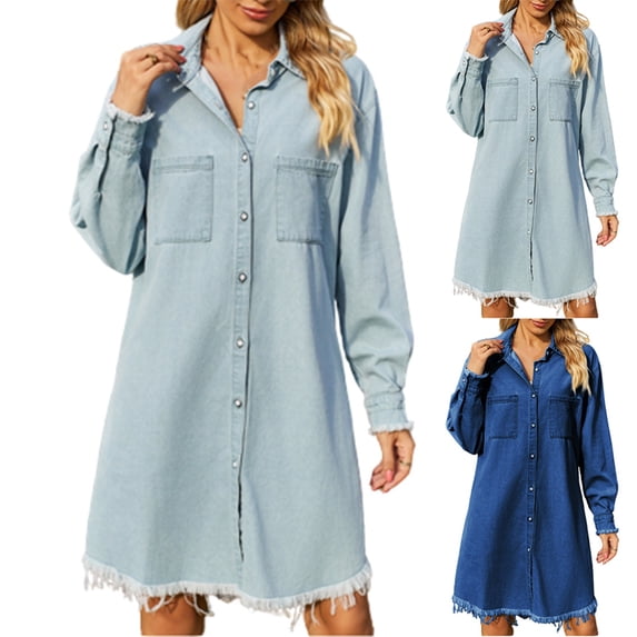 Ashirexll Womens Long Sleeve Dresses, Winter Dresses for Women, Solid Color Turndown Collar Loose Casual Denim Dress Fall Winter Wear