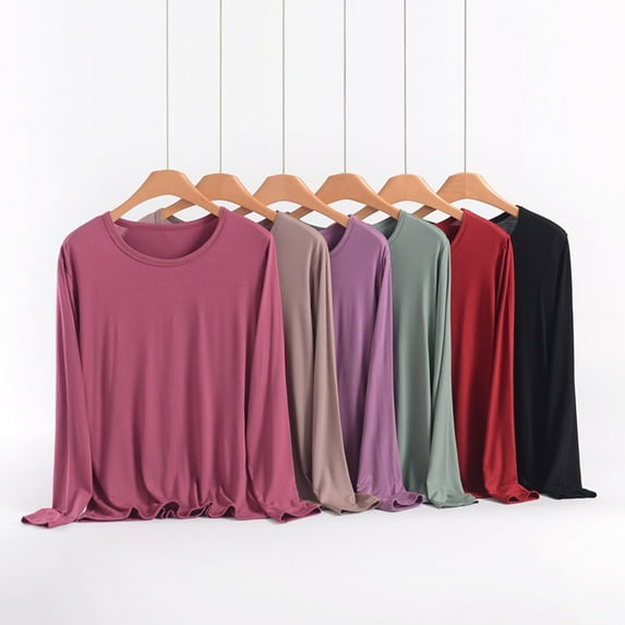 Ashirexll Womens Long Sleeve Shirts Casual Winter Tops Casual Solid Color Round Neck Blouse Loose Comfortable