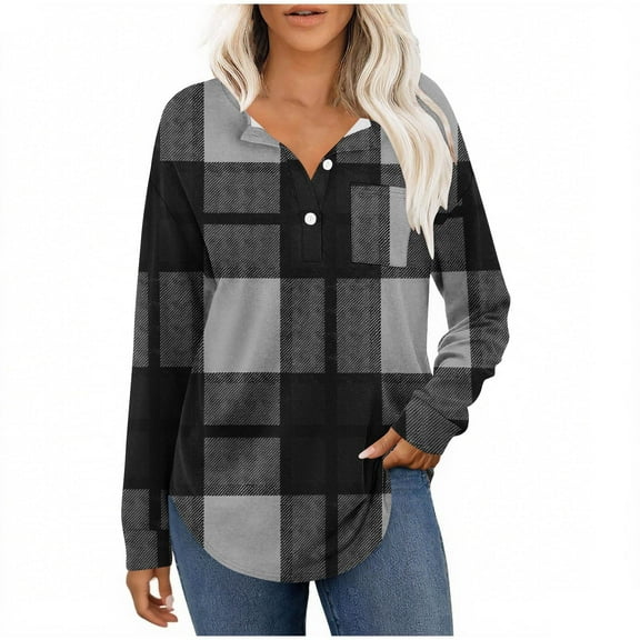 Ashirexll Womens Long Sleeve Shirts Casual Winter Tops Plaid Button Down V-Neck Pullover Blouse Loose