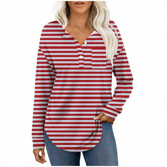 Ashirexll Womens Long Sleeve Shirts Casual Winter Tops Striped Button Down V-Neck Pullover Blouse Loose