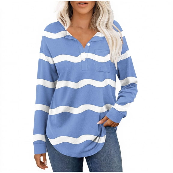 Ashirexll Womens Long Sleeve Shirts Casual Winter Tops Striped Button Down V-Neck Pullover Blouse Loose