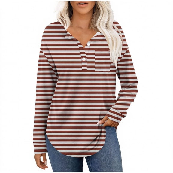 Ashirexll Womens Long Sleeve Shirts Casual Winter Tops Striped Button Down V-Neck Pullover Blouse Loose