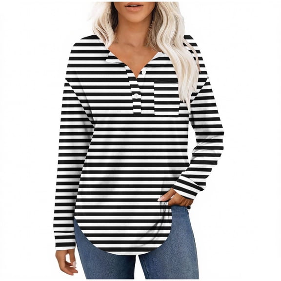 Ashirexll Womens Long Sleeve Shirts Casual Winter Tops Striped Button Down V-Neck Pullover Blouse Loose