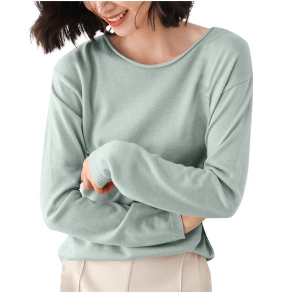 Ashirexll Womens Long Sleeve T Shirts, Ladies Tops and Blouses, Women's Solid Color Knitted Long Sleeve Blouses Round Neck Fashion Casual Fall Tops