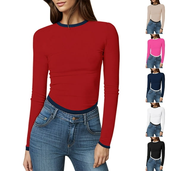 Ashirexll Womens Long Sleeve T Shirts, Ladies Tops and Blouses, Women's Solid Color Long Sleeve Round Neck Pullover Fall Tops